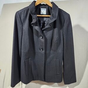 Old Navy‎ Wool Blend Ruffle Funnel Neck Black Pea Coat Jacket Women Large Staple